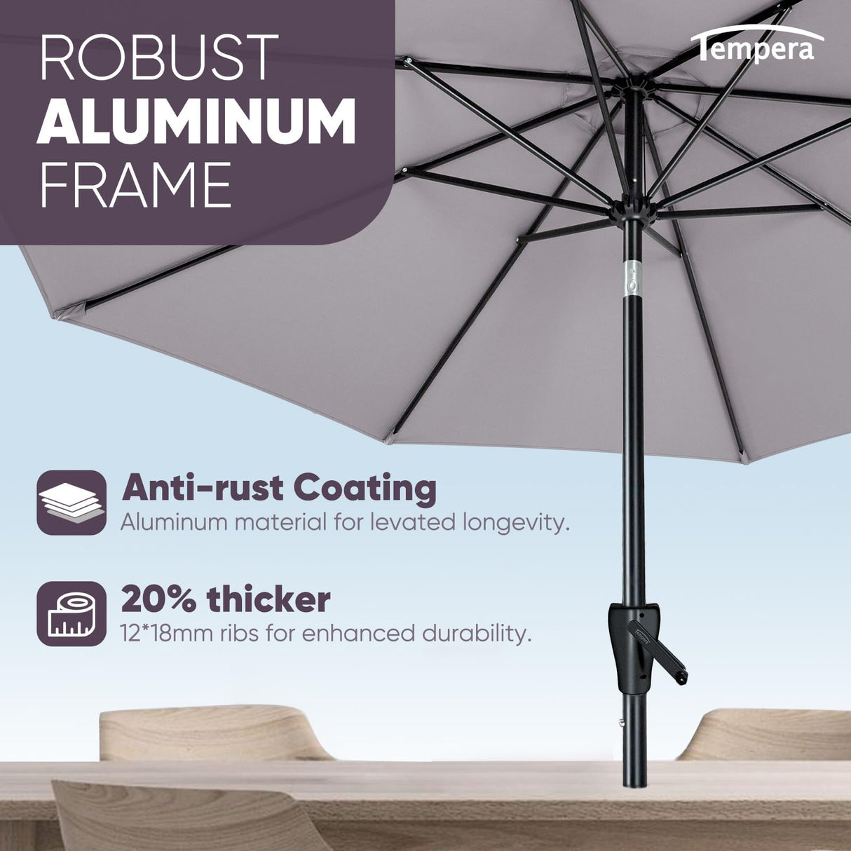 Tempera 9ft Patio Market Outdoor Table Umbrella with Push Button Tilt and Crank,Large Sun Umbrella with Sturdy Pole&Fade resistant canopy,Easy to set, Grey Tempera