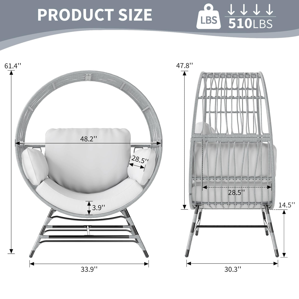 Fancyango Egg Chair Outdoor Indoor, Oversized Rattan Chair with Thicken Cushion, 510LBS Capacity Wicker Patio Lounge Chair, Basket Chair for Living Room Balcony Porch Backyard, Grey/Light Grey Fancyango
