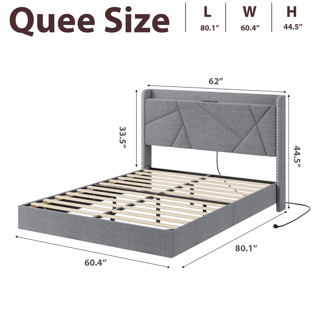 GarveeHome Queen Floating Bed Frame with LED Lights & Charging Station, Upholstered Platform Beds with Storage Headboard & Folding Shelves Storage, Metal Slats Support, No Box Spring Needed, Grey GarveeHome