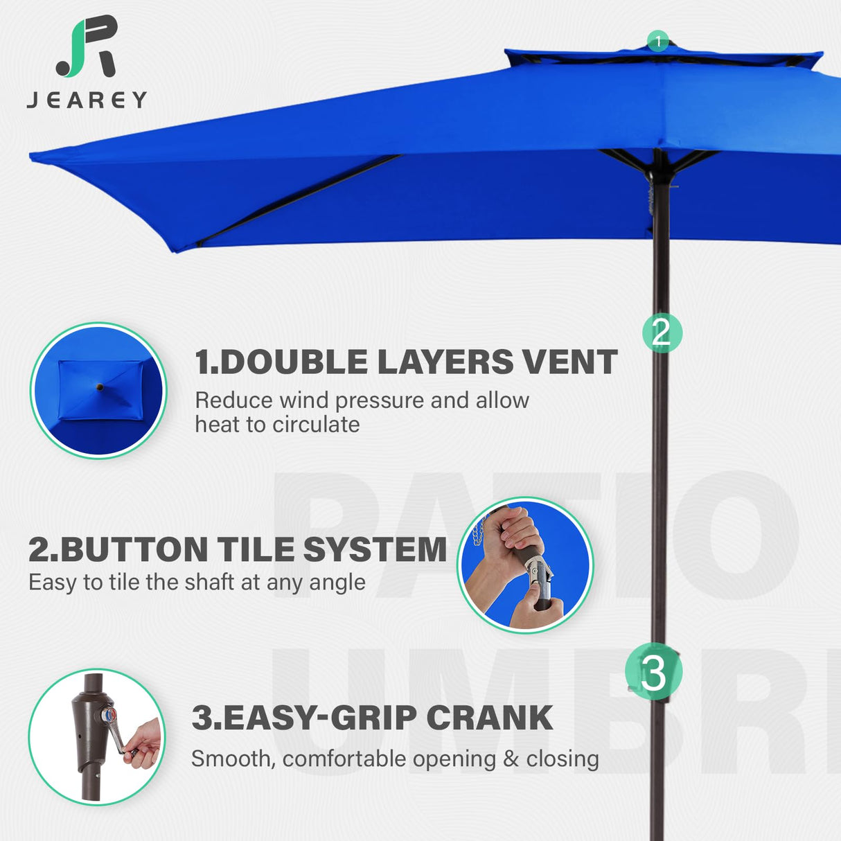 JEAREY 6.6 FT x 10 FT 2-Tiers Rectangular Patio Umbrellas Outdoor Large Market Umbrella With Push Button Tilt and Crank Lift System 6 Sturdy Ribs UV Protection Waterproof Sunproof, Royal Blue JEAREY