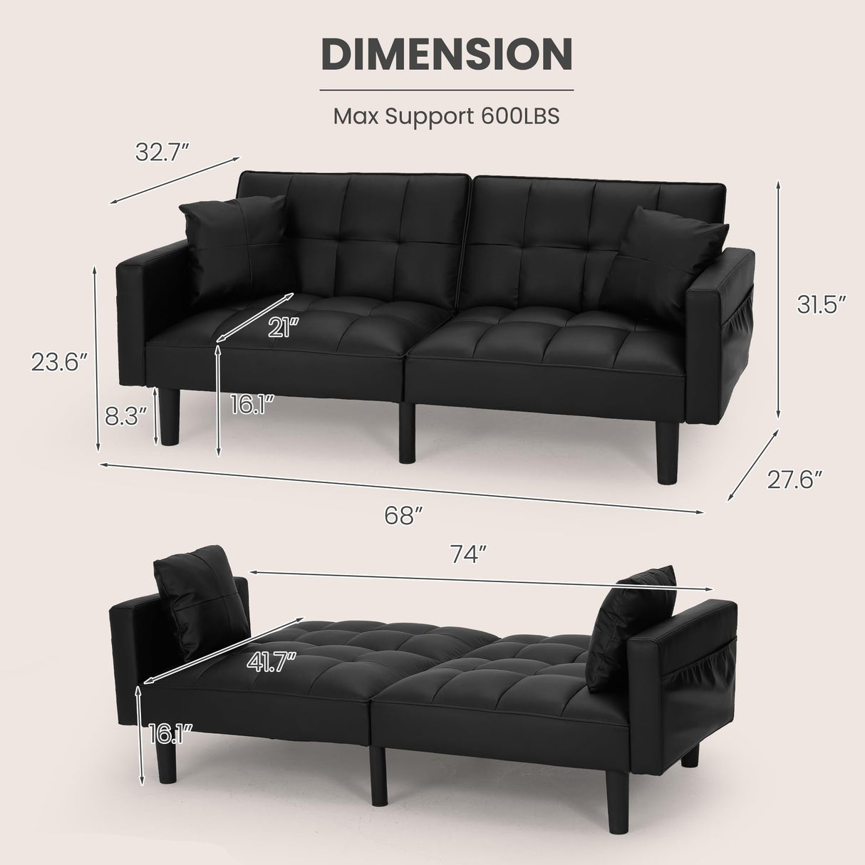 ECOTOUGE Faux Leather Futon Couch, Convertible Sofa Bed with Adjustable Back, Modern Sleeper Sofa for Living Room, Black ECOTOUGE