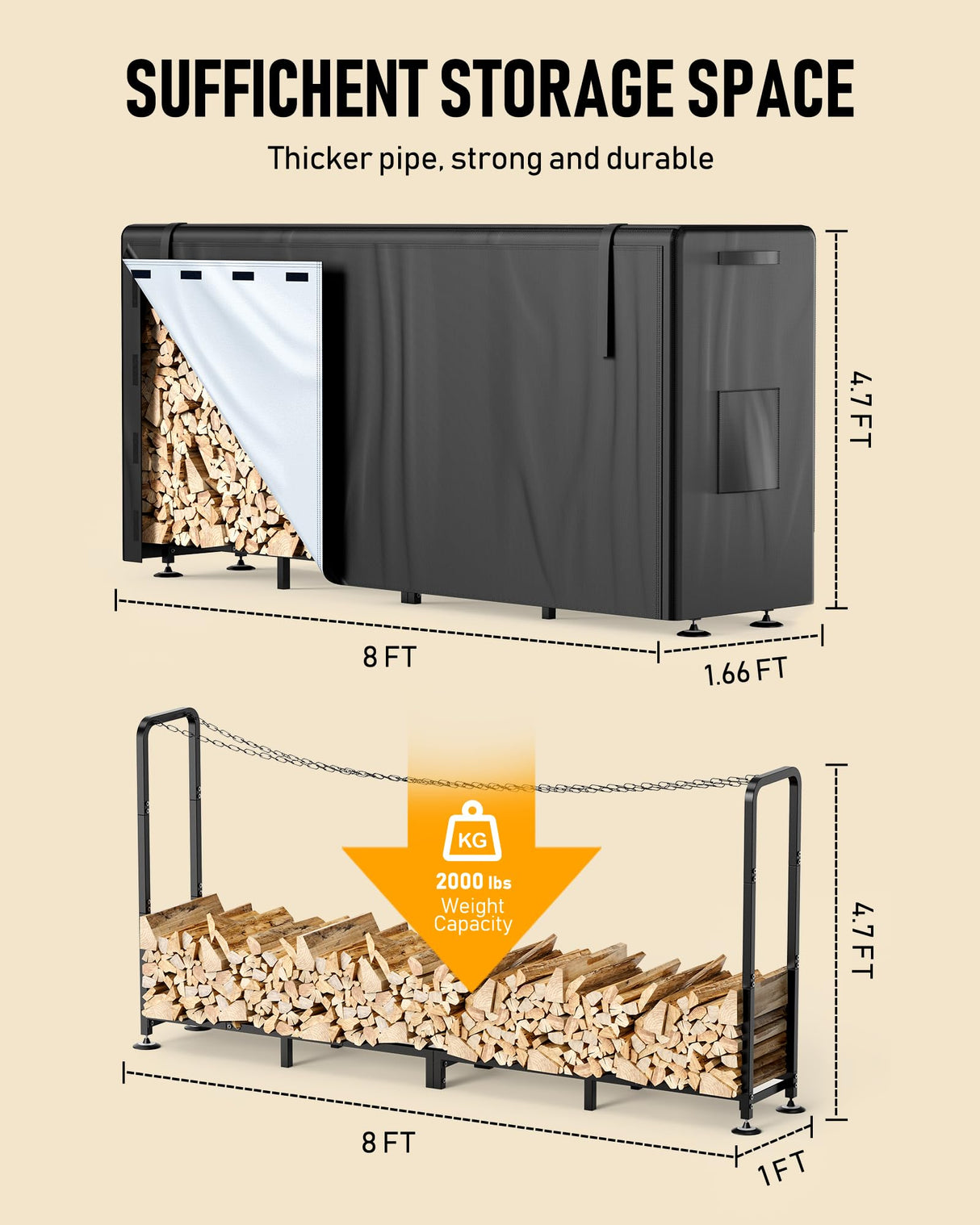 Brightown Firewood Rack Outdoor with Cover, 8FT Wood Rack for Firewood Indoor, Waterproof Fire Wood Holder Outside, Adjustable Heavy Duty Logs Stand Stacker Holder for Patio Deck, Black Brightown