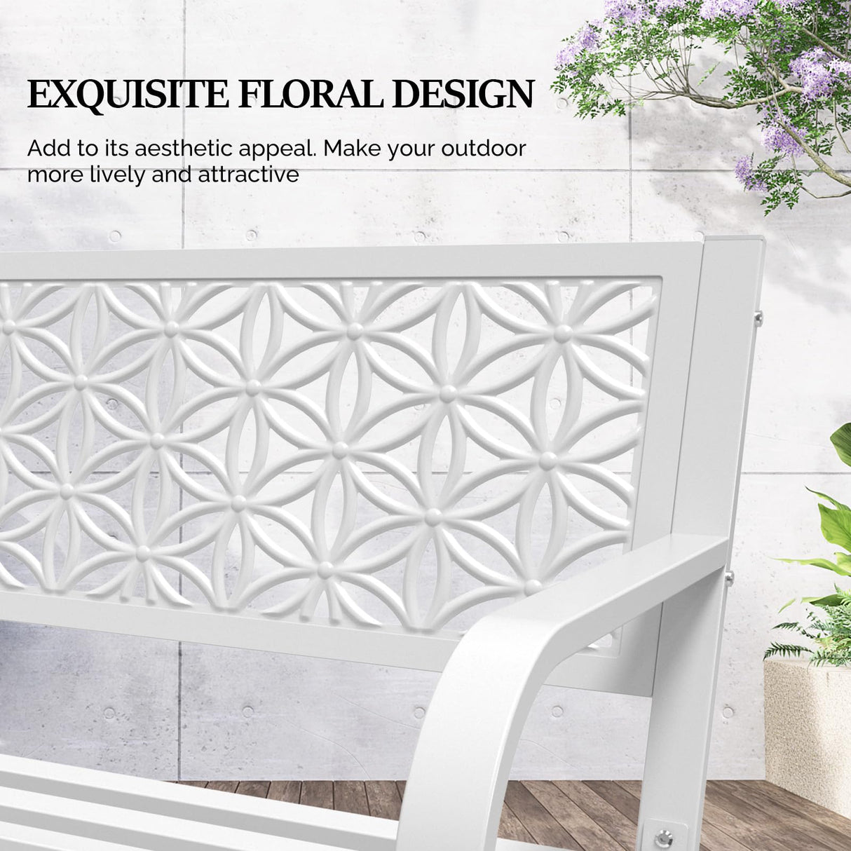 VINGLI 50" Outdoor Bench Metal with Floral Back, Garden Bench Front Porch Bench for Yard Patio Entryway Park Outside, 800lb Capacity - White VINGLI