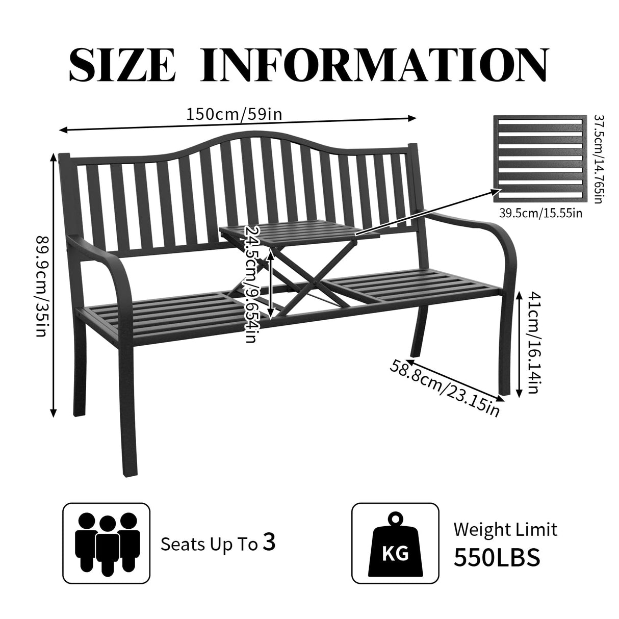 SHGJ&SOFT Outdoor Bench, Garden Bench, Cast Iron Metal Frame Patio Park Bench with a Small Table, for Porch, Lawn, Garden, Yard (D2644BK-1) SHGJ&SOFT