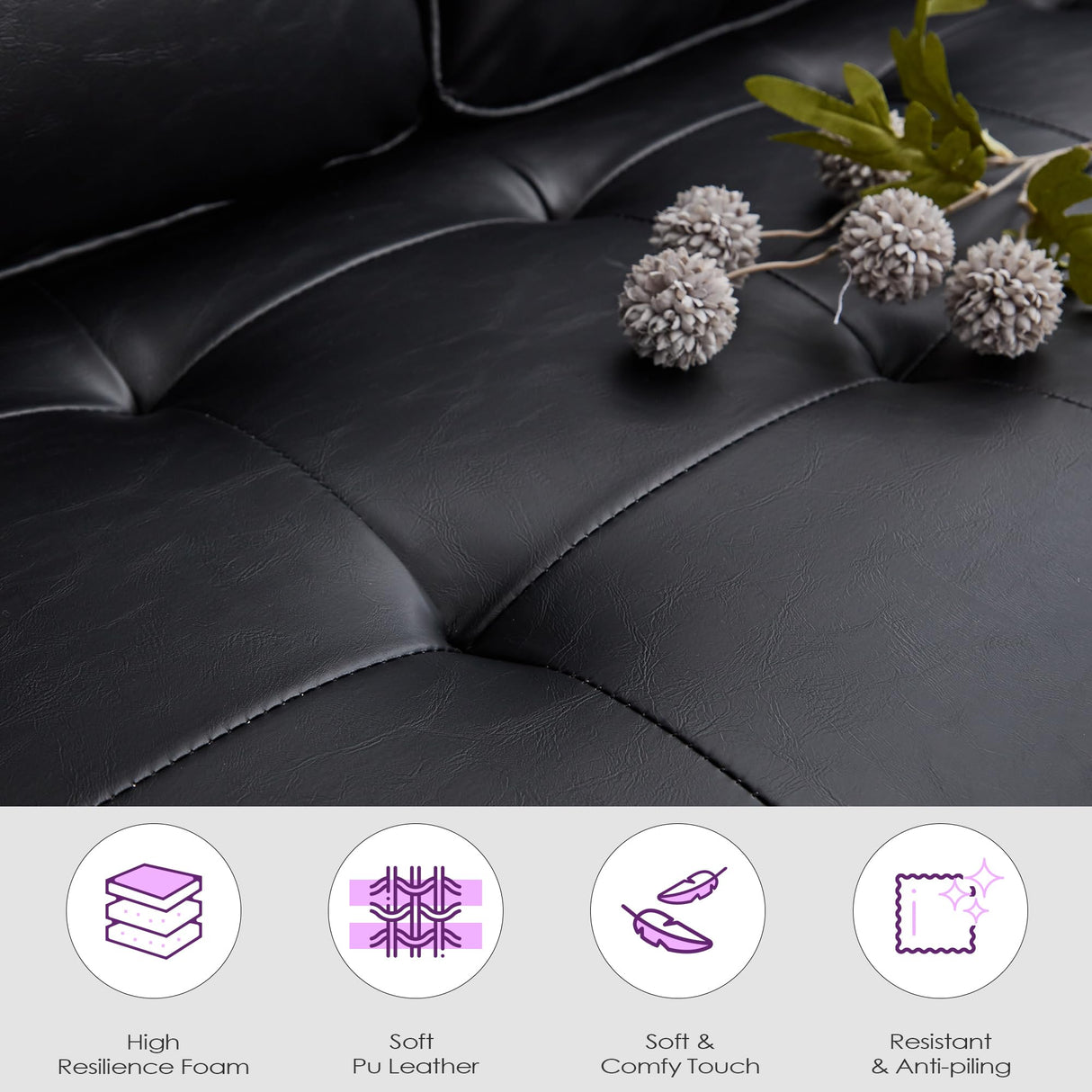 TYBOATLE 57" Small Black Faux Leather Sofa Couches, 3 Piece Living Room Set, Mid-Century Modern Tufted Comfy Loveseat, 2 Seater Office Couch Love Seat for Small Space Bedroom Drom Apartment TYBOATLE