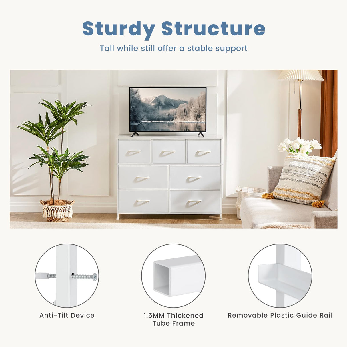 Dresser for Bedroom with 7 Drawers, Anti-Tip Wide Fabric Chests Storage Organizer Tower Furniture, TV Stand for TV up to 45 inch with Wooden Top Metal Frame for Clothes, Living Room, Hallway, Entryway Atilioo