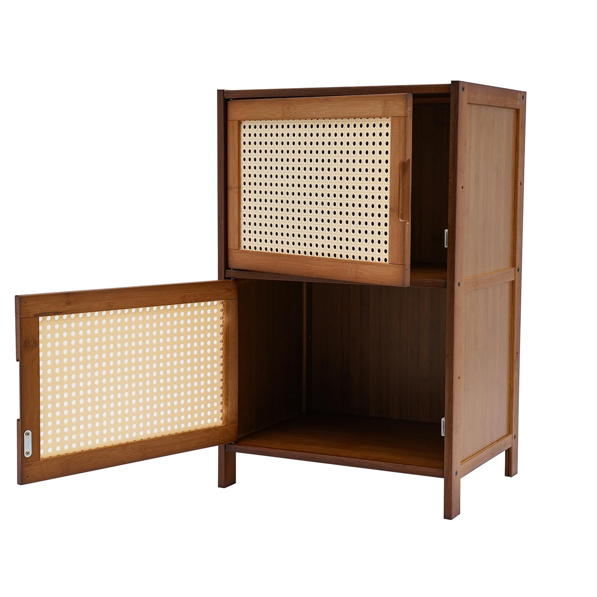 TrueyEssence 2-Tier Bamboo Nightstand with Rattan Decor Doors, Modern Bedside Table End Table Multipurpose Storage Cabinet for Bedroom Living Room Dark Brown TrueyEssence