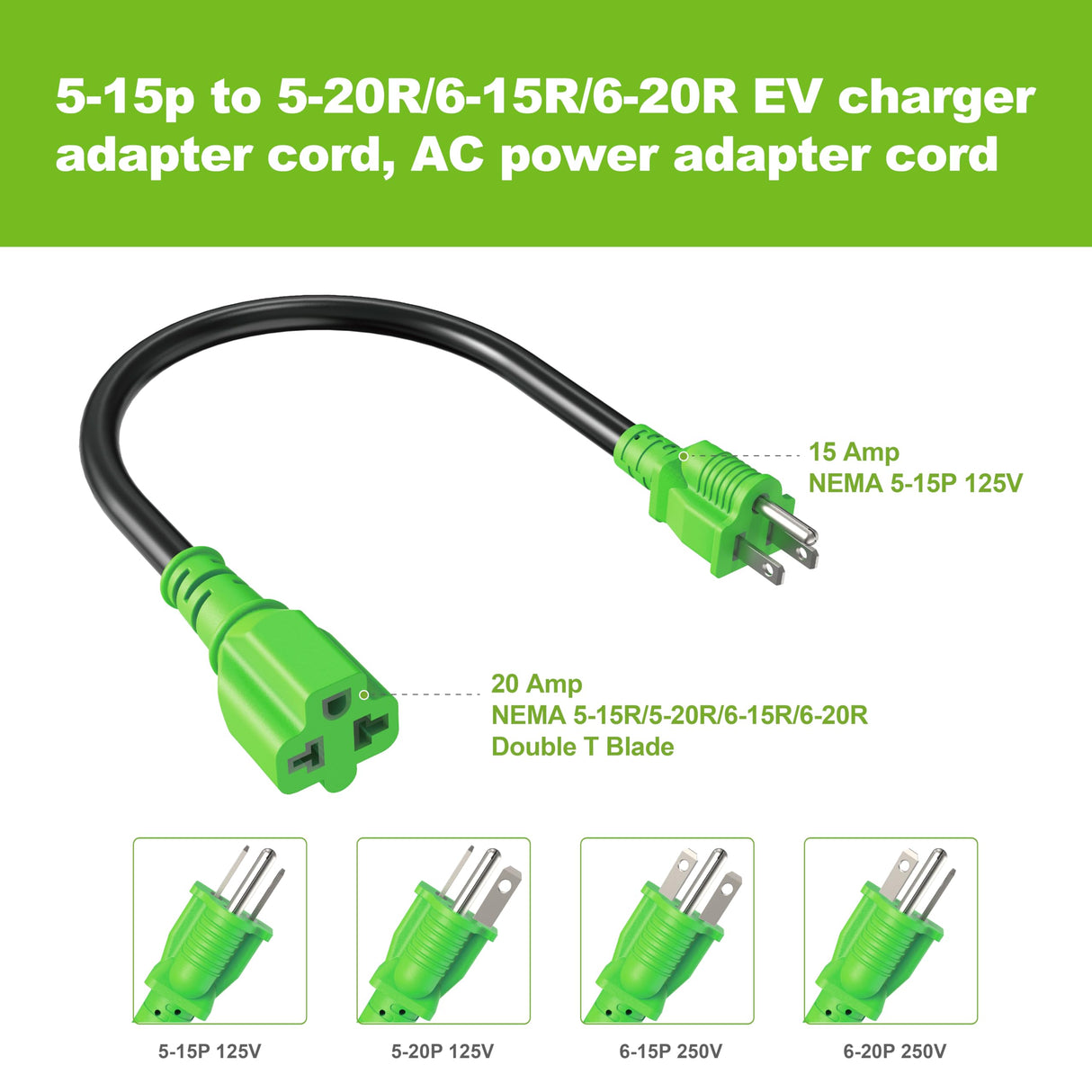EVMaster 12AWG 15 Amp Household AC Plug to 20 Amp T Blade Adapter Cable, Nema 5-15P to 5-20R/6-15R/6-20R EV Charger Adapter Cord AC Power Adapter Cable, 4 in 1 AC Adapter, 2 Feet EVMaster