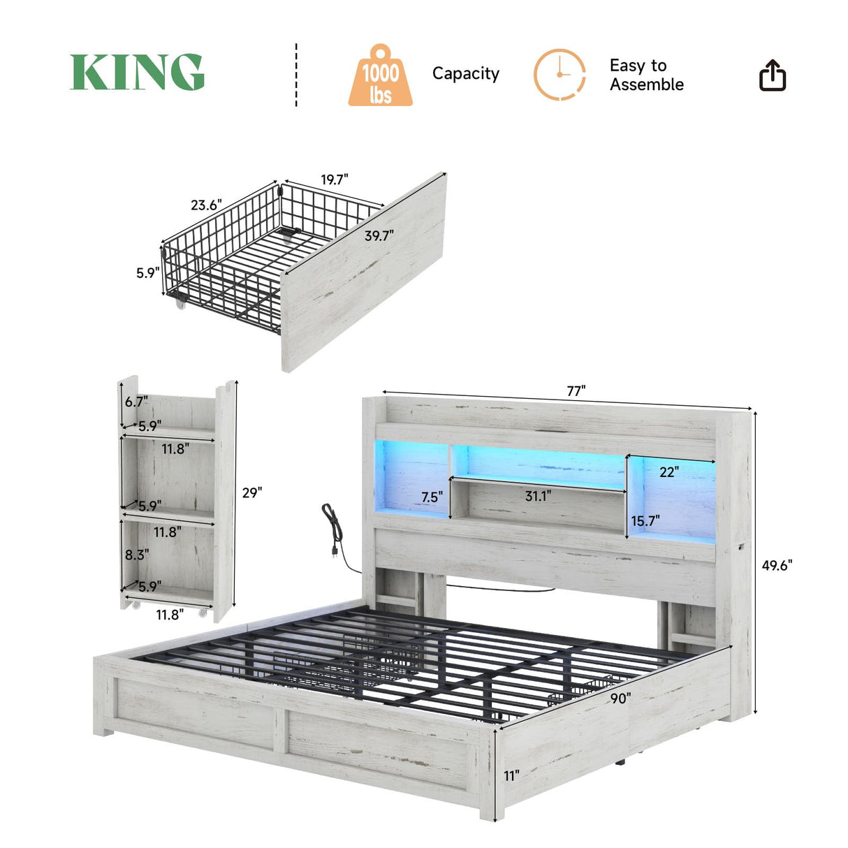 AMERLIFE Distressed White King Bed Frame with 4 Storage Drawers, LED Bookcase Headboard, and Integrated Charging Station AMERLIFE