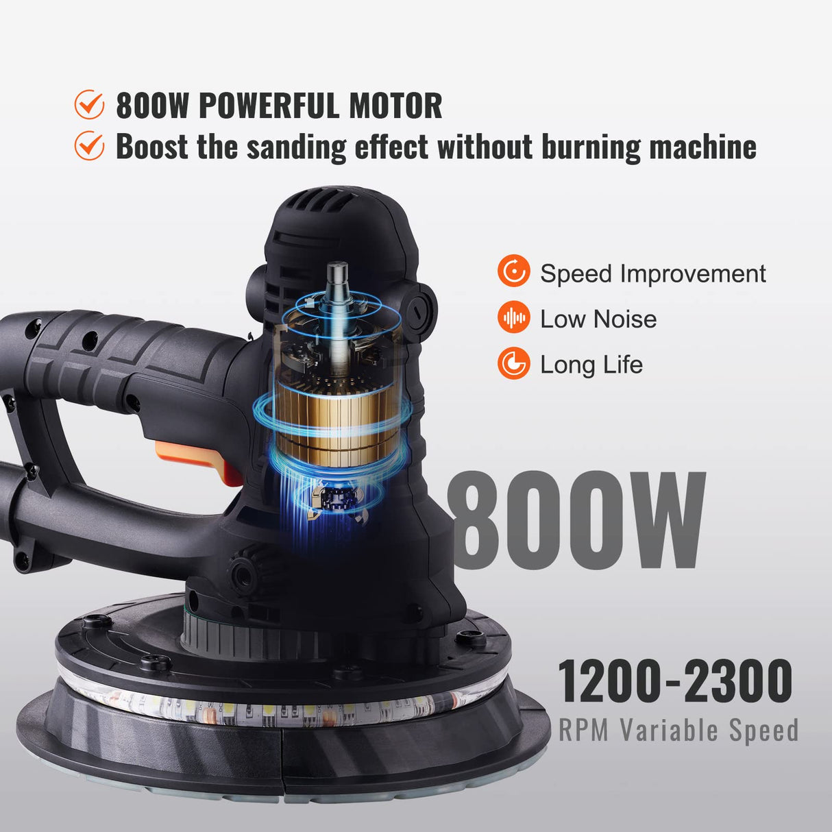 VEVOR Drywall Sander, 800W Electric Sander with 12 Sanding Discs, Variable Speed 1200-2300 RPM Wall Sander with Automatic Vacuum Dust Collection System, Double LED Lights, Dust Bag, Detachable Edge VEVOR