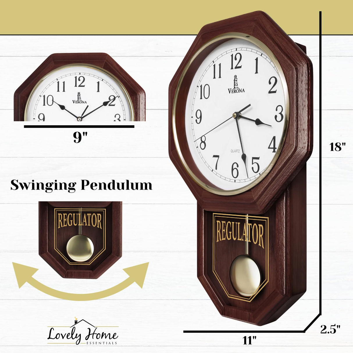 Pendulum Wall Clock - Real Wood Regulator Clock - Schoolhouse Design - Quiet, Non-Chiming, Wooden & Battery Operated - Decorative Wall Decor for Living Room, Home, Office 18x11 Lovely Home Essentials