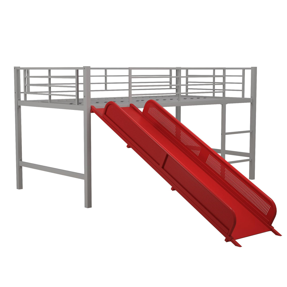 DHP Junior Twin Metal Loft Bed with Slide, Multifunctional Design, Silver with Red Slide DHP