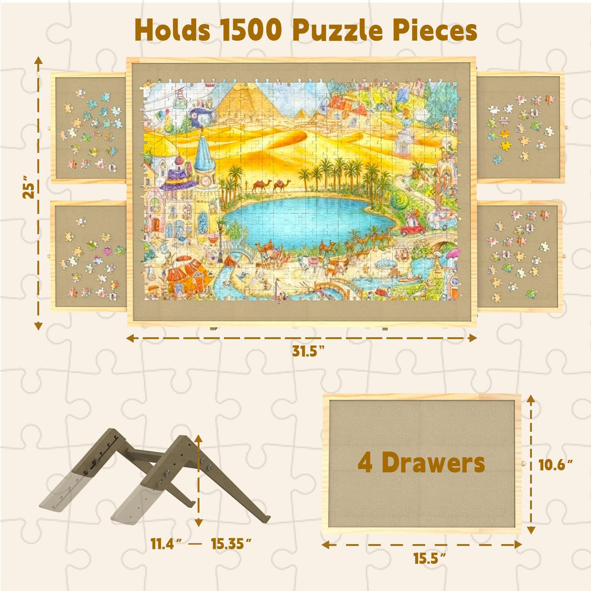 Jigsaw Puzzle Board with Drawers and Cover, Tilting Puzzle Board 1500 Pieces with 5 Adjustable Angles, Portable Puzzle Board for Adults