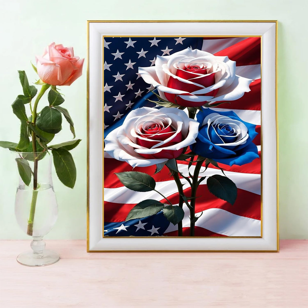 NWQZBYHT Flowers Diamond Art Kits for Adults,America Flag Rose 5D Diamond Painting Kits for Beginner,DIY Round Full Drill Diamond Dots,Gem Painting Kit for Adults Crafts Home Wall Decor 12x16 Inch NWQZBYHT