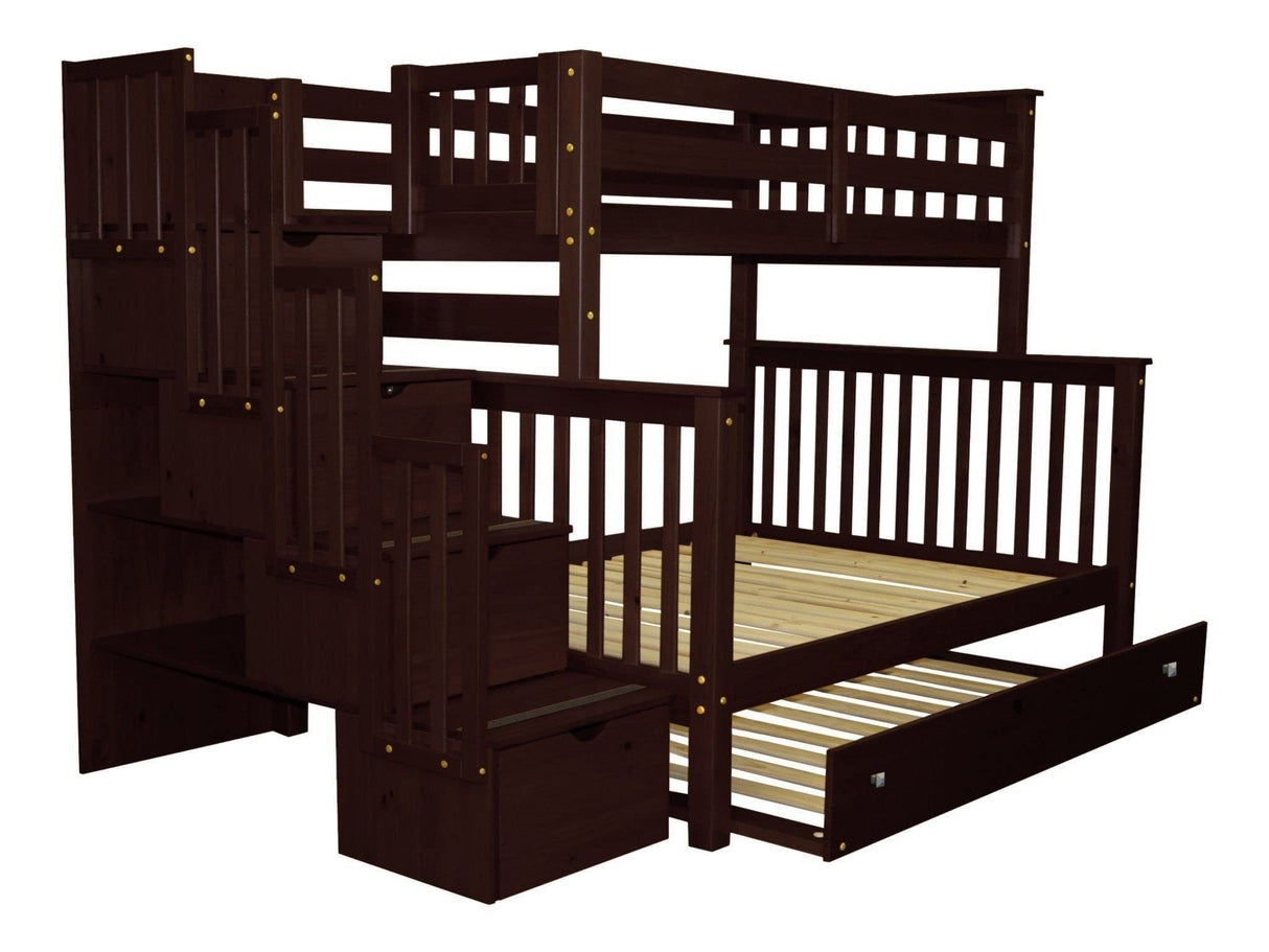 Bedz King Stairway Bunk Beds Twin over Full with 4 Drawers in the Steps and a Twin Trundle, Dark Cherry Bedz King