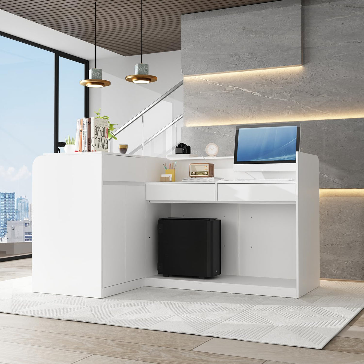 ECACAD Large L-Shaped Reception Desk with 3 Drawers, 15 Open Shelves, Counter Top & Monitor Stand, Office Desk Reception Counter Table with File Cabinet, White (70.9”L x 47.2”D x 39.43”H) ECACAD