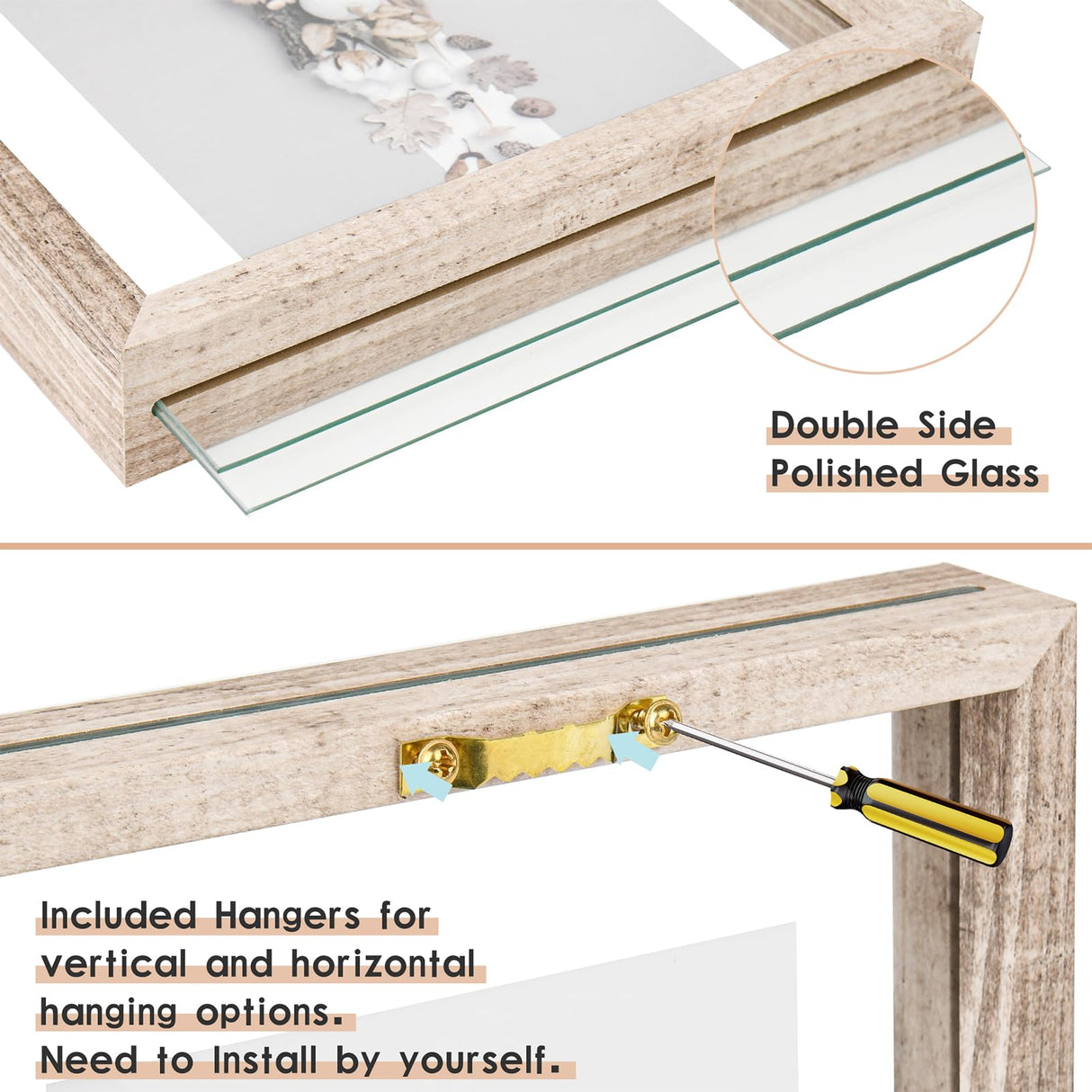 MUYE 10x10 Floating Frame Distressed Beige White Wood Pattern,Double Glass Square Picture Frame Display Any Size Photo up to 10x10,Wall Mount or Tabletop,2 Pack MUYE