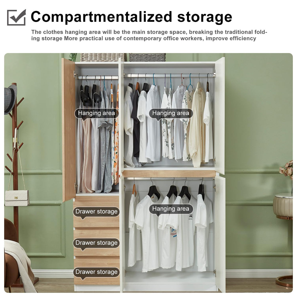 Sophshelter Armoire Wardrobe Closet Wood, 3 Door 3 Drawers White Closet Wardrobe for High Storage Capacity, Tall Cabinet Closet with 3 Hanging Rod 47.3" L x 20.3" W x 72" H Sophshelter