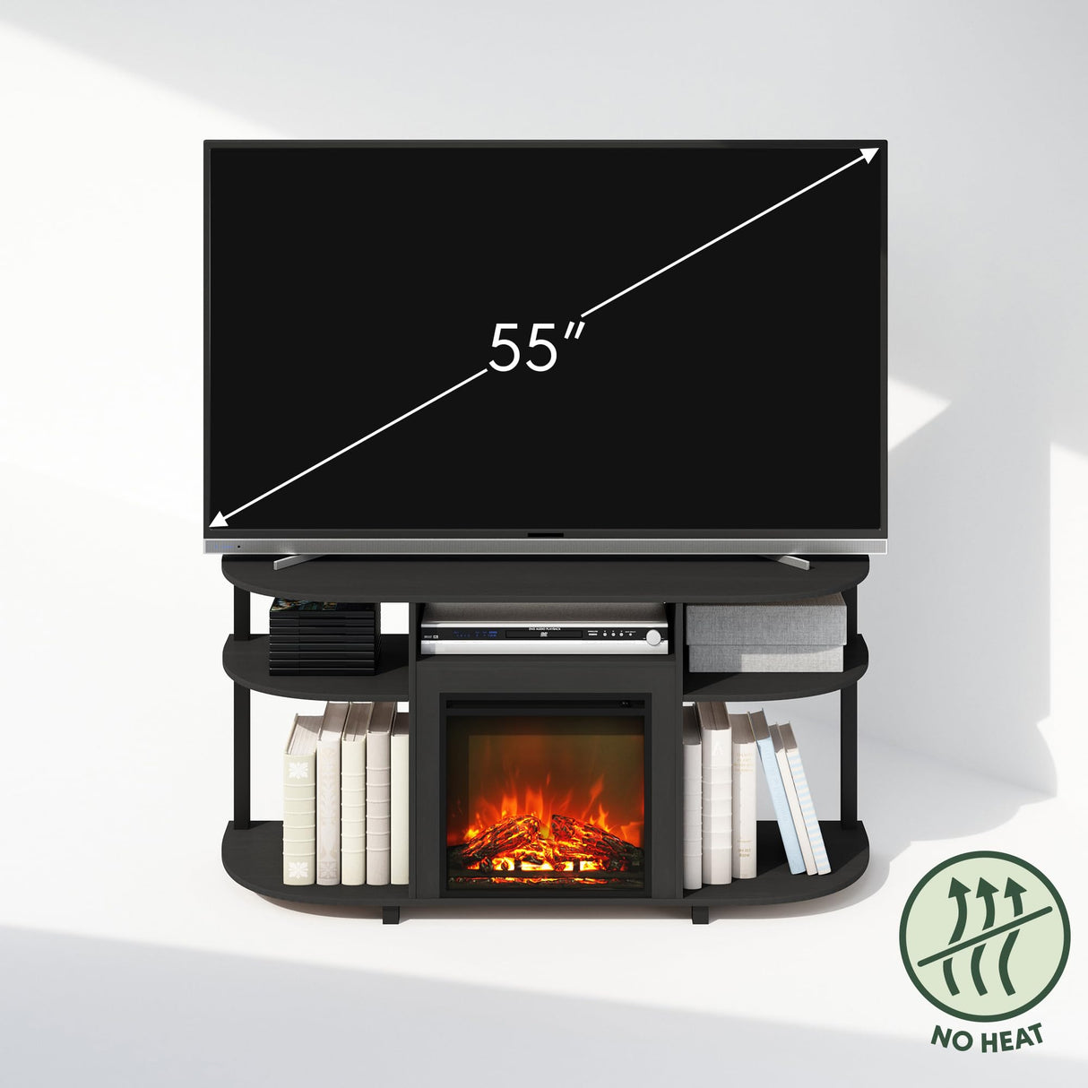 Furinno Jensen No Heat Decorative Electric Fireplace TV Stand, Entertainment Center for TV up to 55 Inch with Curved Open Storage, Americano Furinno