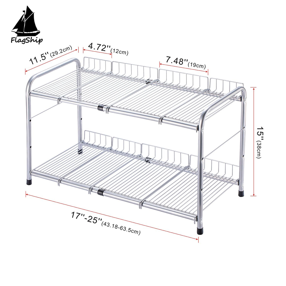 FlagShip 2 Tier Under Sink Organizers and Storage Rack Expandable Cabinet Shelf for Kitchen Bathroom Silver (17-25 inches) FlagShip