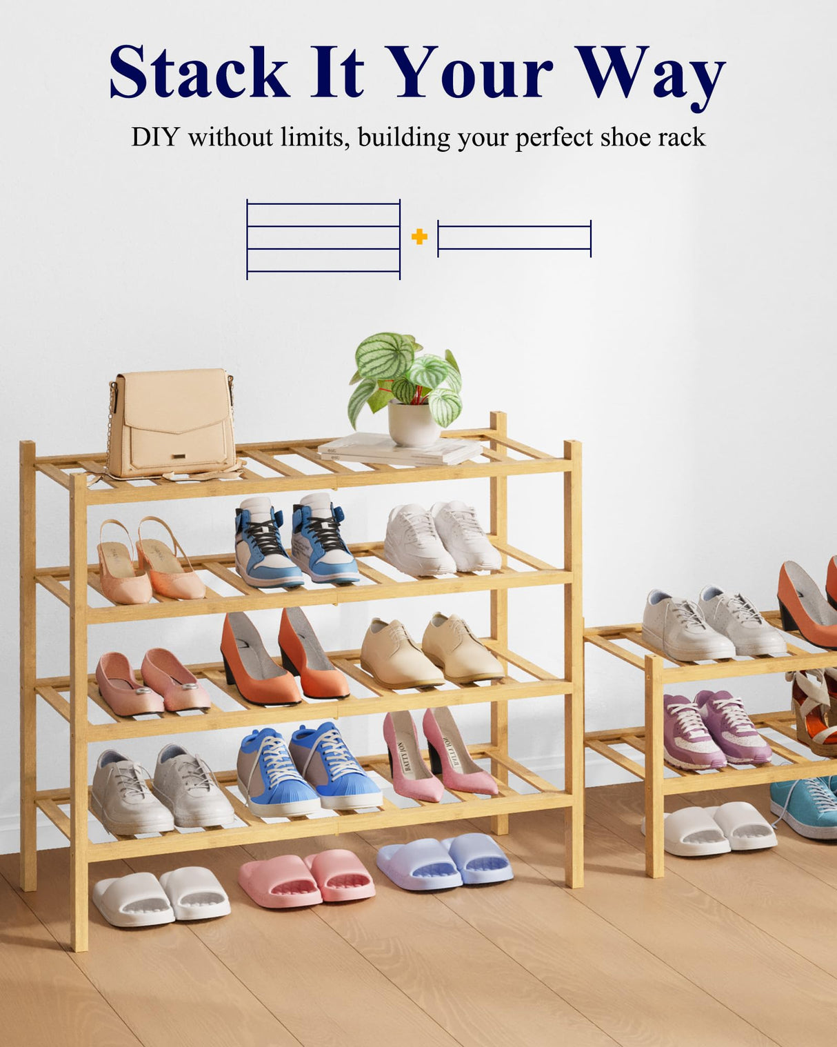 Kitsure Bamboo Wooden Shoe Rack for Closet - Stackable Shoe Organizer with Modular Structure, Space-Saving Shoe Shelf for Entryway, Living Room, Bedroom, 26.8" x 11" x 18.9", Natural Kitsure