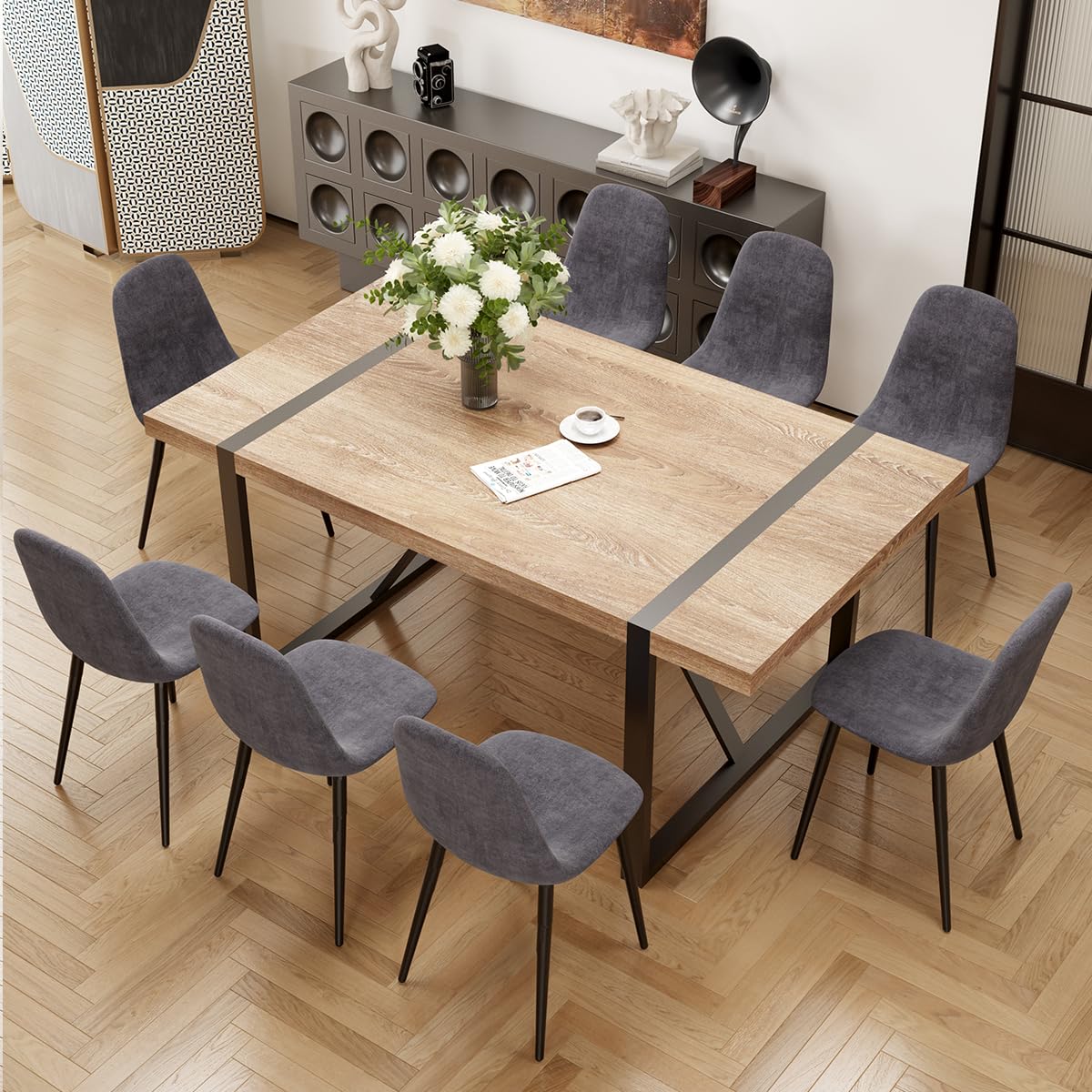 MUUOKY 9 Piece Dining Table Set for 8,Modern 71'' Rectangle Wood Dining Table and Fabric Dining Chairs 8,Kitchen Table and Chairs for 8,Ideal for Kitchen Dining Room MUUOKY