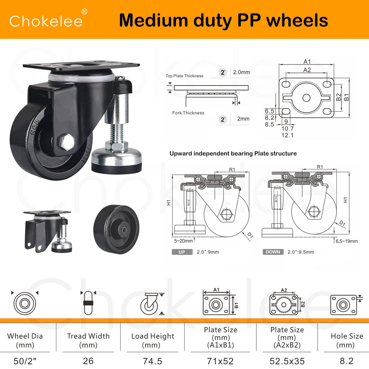 Chokelee 2" Leveling Plate Caster Wheels with Adjustable Anti-Vibration Leveling Feet Pad Heavy Duty Swivel casters for Workbench, Machine Equipment, Furniture Set of 4 Total Capacity 480 Lbs Chokelee