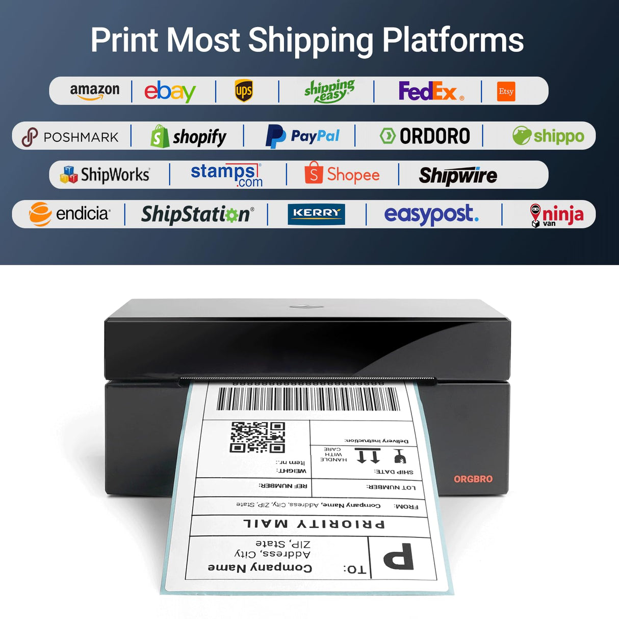 ORGBRO USB Shipping Label Printer, 4x6 Thermal Label Printer for Small Business, High Speed Sticker Printer for Commercial Grade Shipping Packages, Used for Amazon, Ebay, Shopify, USPS, Black ORGBRO