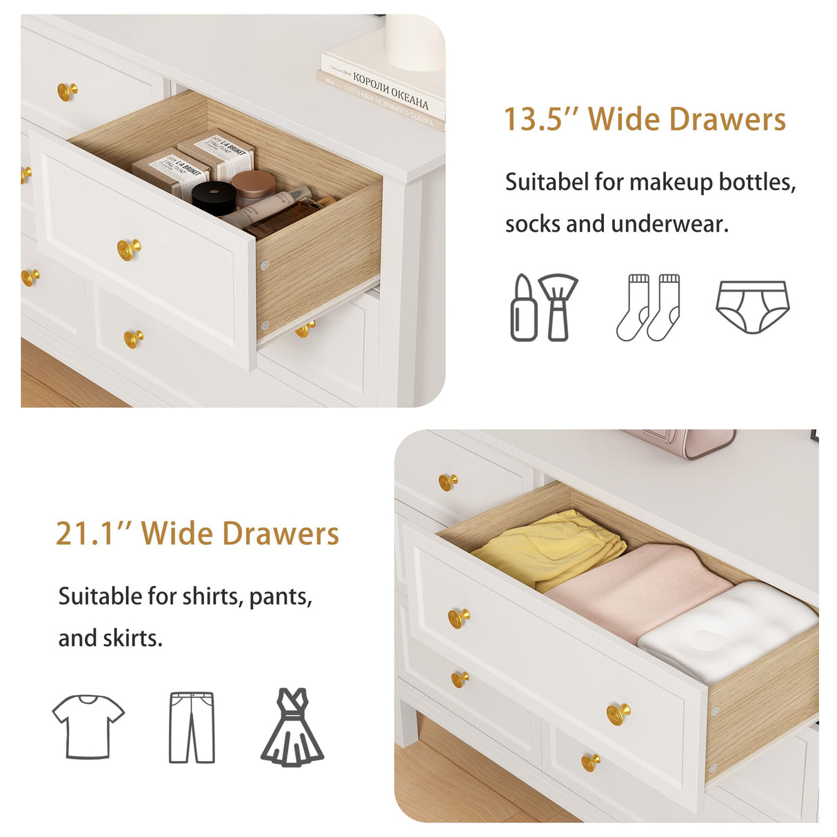 LYNSOM 59" White Dresser for Bedroom, 9 Drawer Wood Dresser with Gold Handles, Wide Large Dressers & Chests of Storage Drawers for Hallyway, Entryway LYNSOM