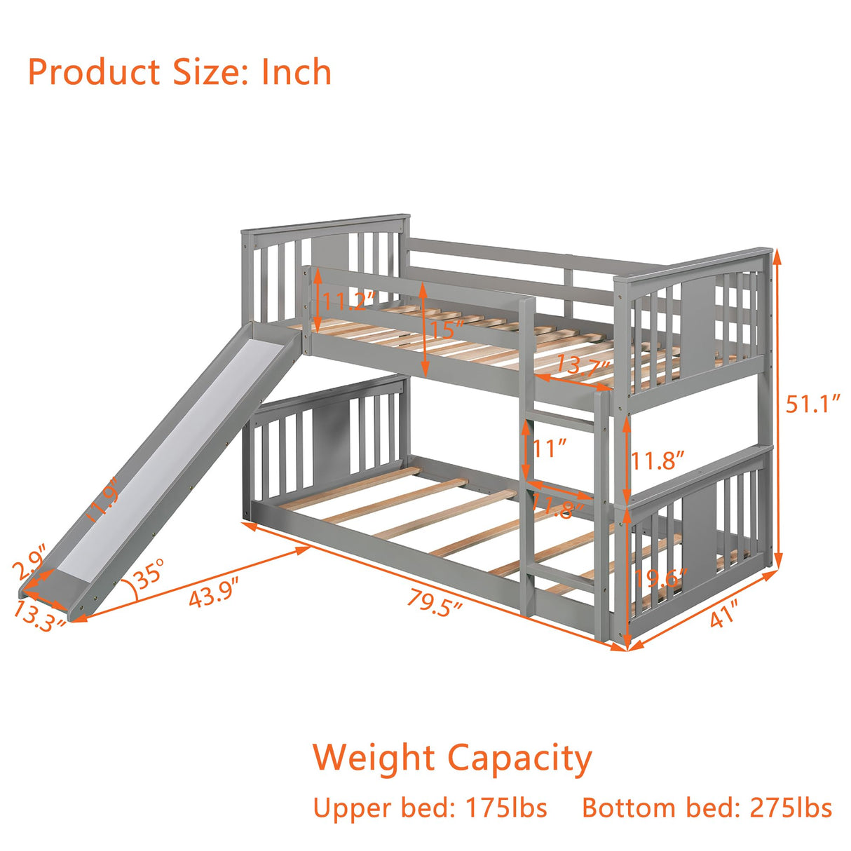 Montessori Floor Bunk Bed Twin Over Twin, Twin Bunk Bed with Slide and Ladder, Kids Bunk Beds with Guardrail Headboard and Footboard, Low Bunk Beds for Kids, Boys, Girls, Twin Bunk Bed Gray Bellemave