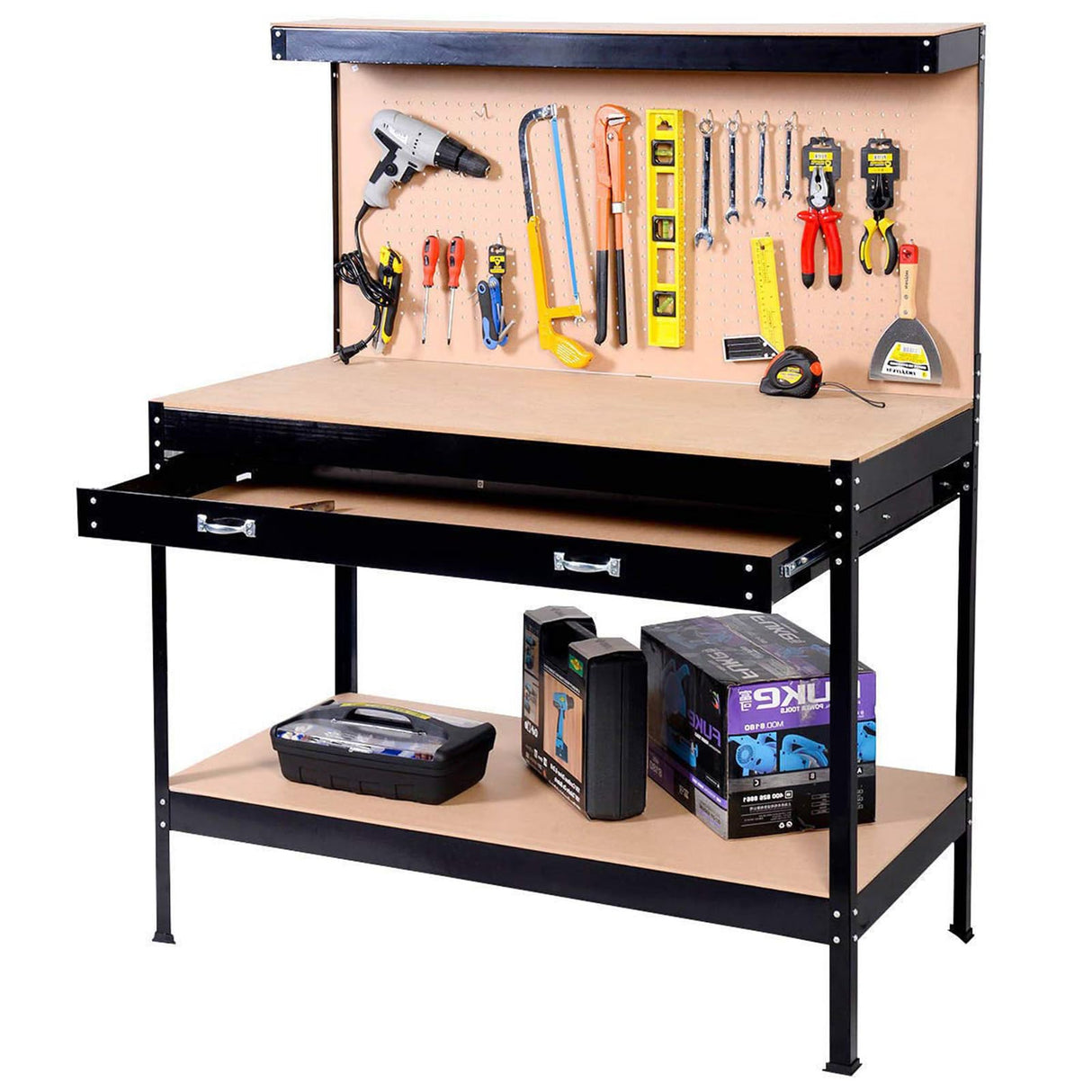 Heavy-Duty Steel Workbench – 63" Multipurpose Workshop Table with Drawer, Pegboard & Shelf, Woodworking & Garage Tool Organizer, 300 lbs Capacity HEIGHYOXP