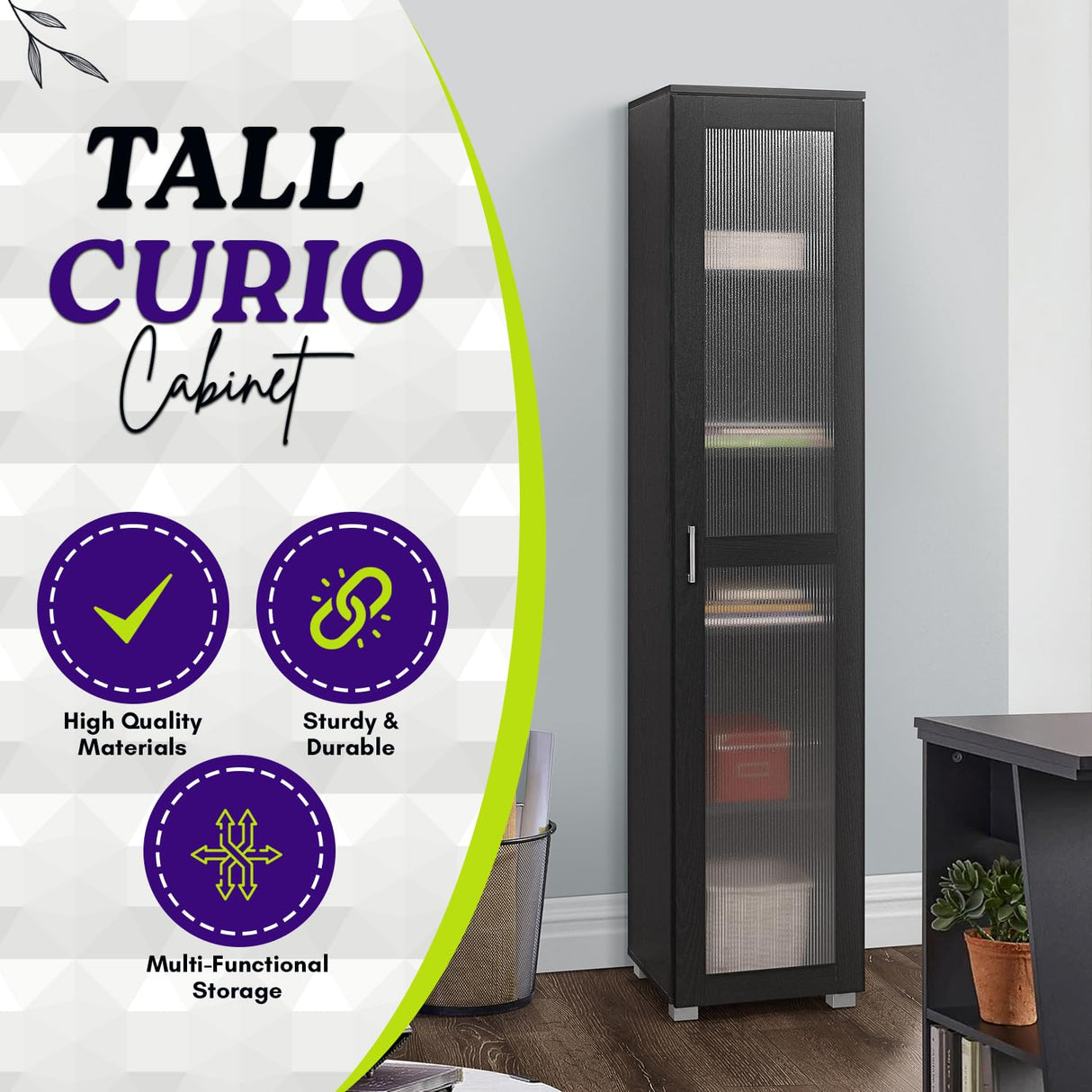 Kings Brand Furniture Romero Tall Curio Storage Cabinet - Versatile Black Bookshelf for Living Room, Kitchen, Bedroom & Office Kings Brand Furniture