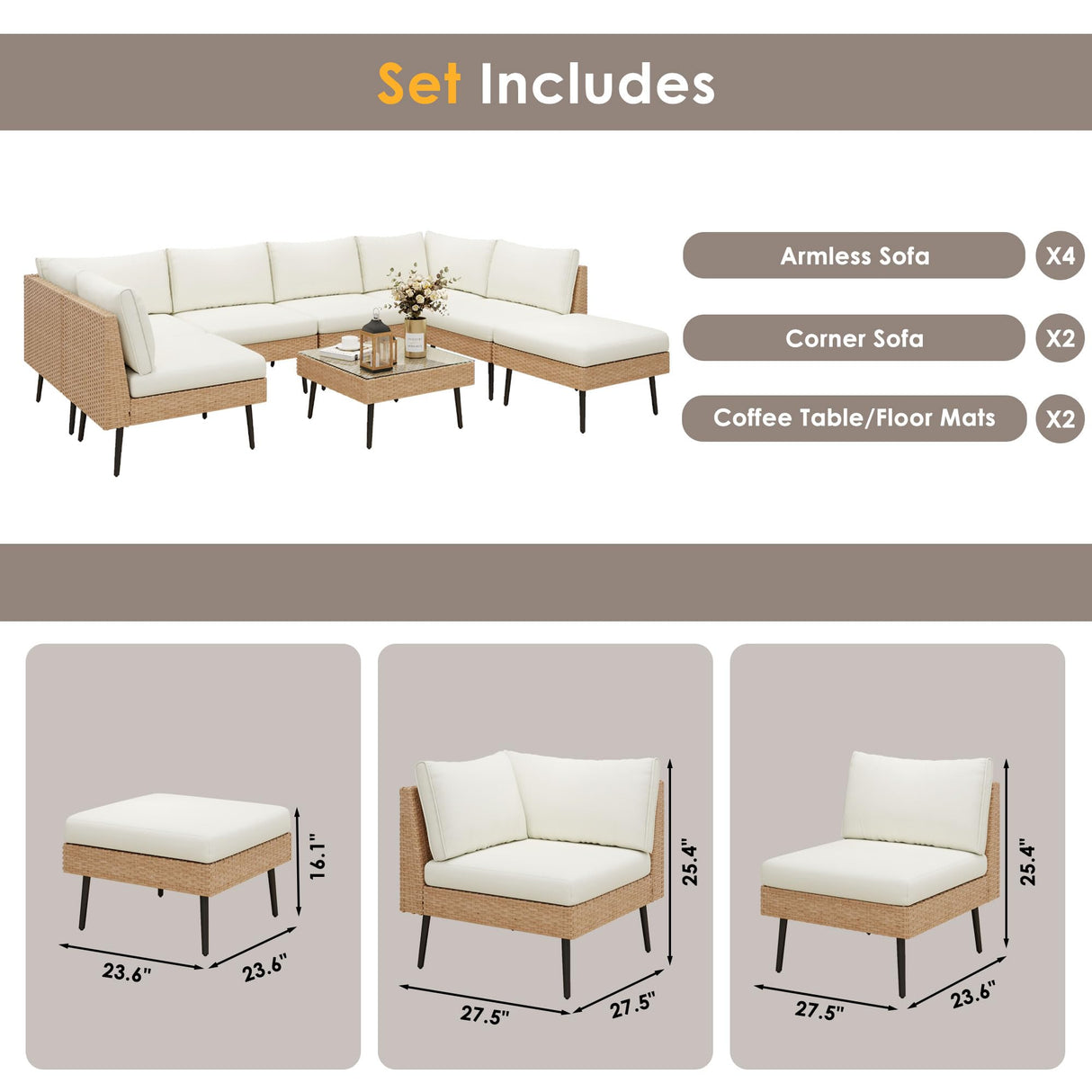 ENSTVER Outdoor Patio Sectional Furniture Set, 8 Piece Wicker Conversation Patio Furniture Wtih Extra Waterproof Cover and Thick Cushions for Garden, Backyard ENSTVER