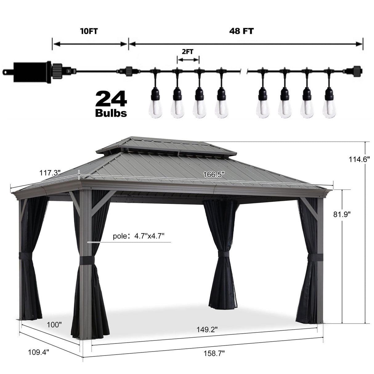 PURPLE LEAF 10' x 14' Hardtop Gazebo with String Lights Galvanized Steel Double Roof Gazebo with Aluminum Frames Outdoor Large Pavilion Gazebo for Patio Deck Garden, Light Grey PURPLE LEAF