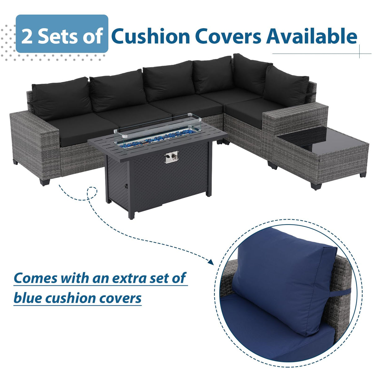 JOIVI 7 Pieces Outdoor Patio Furniture Set with 45” Fire Pit Table, Rattan Patio Sectional Sofa Conversation Set with 50000BTU Propane Fire Pit and Coffee Table for Garden, Backyard, Deck, Black JOIVI