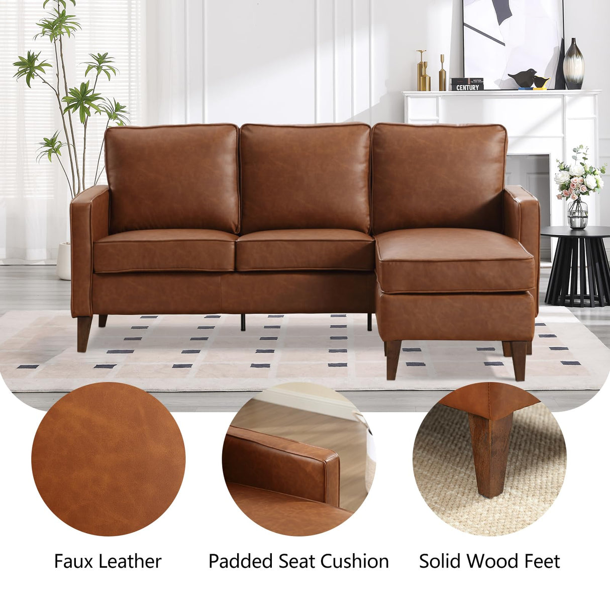 EBELLO Sectional Sofa Couch, L Shaped Couch Faux Leather Sofa with Reversible Chaise, Lounge Sofa for Living Room Apartment Small Space, Dark Brown EBELLO
