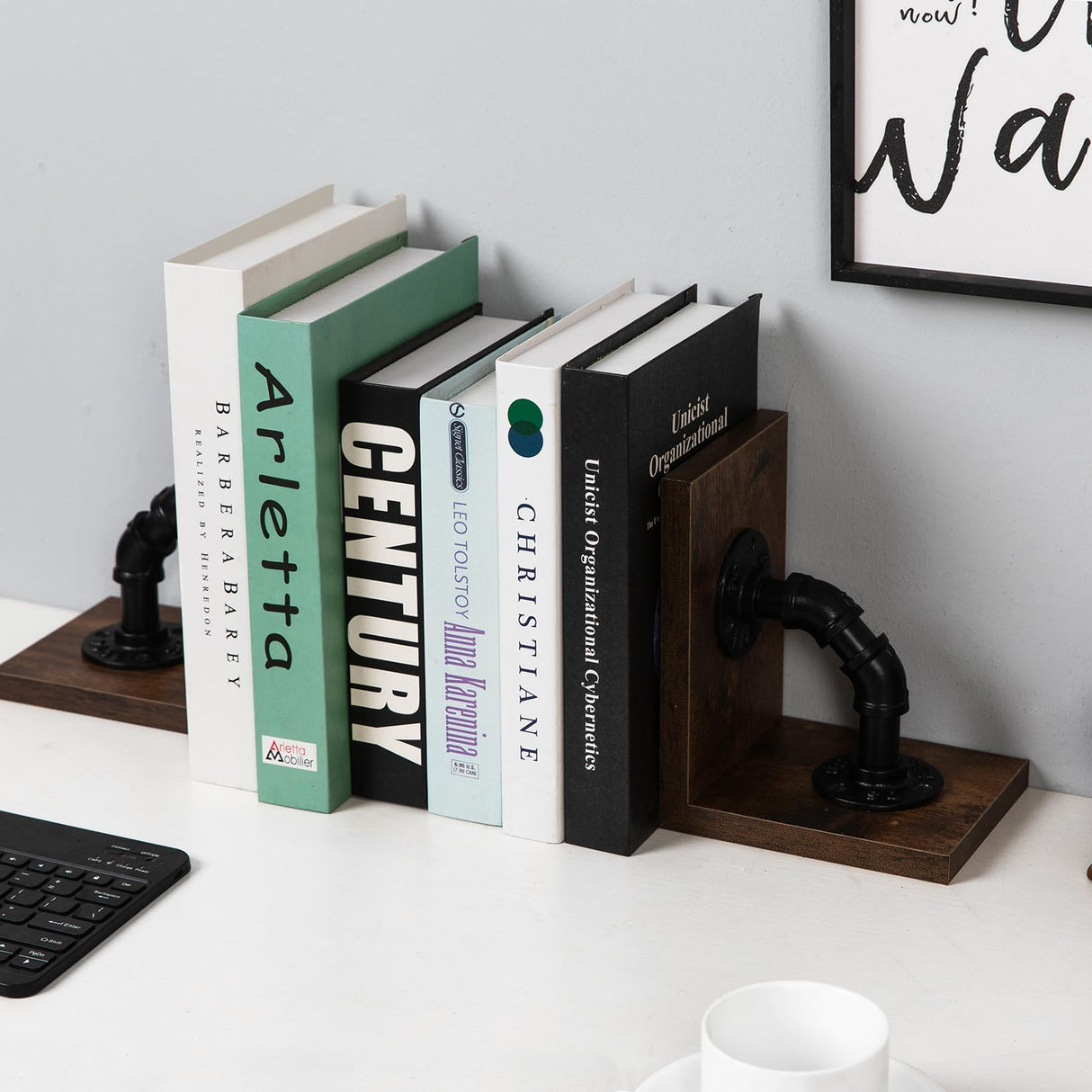 Rustic Decorative Wooden Tabletop Farmhouse Bookends for Heavy Books with Modern Industrial-Style Pipe Office Desktop Bookshelf Organizers Stoppers Holder Nonskid Shelf Decor 1-Pair (Dark Brown) canwedance