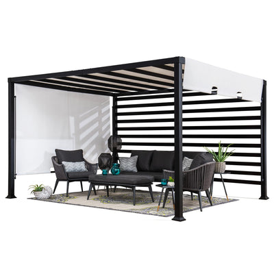 Sunjoy Outdoor Pergola 10 x 12 ft. Steel Pergolas with White Adjustable Shade and Privacy Screen for Backyard, Garden Activities