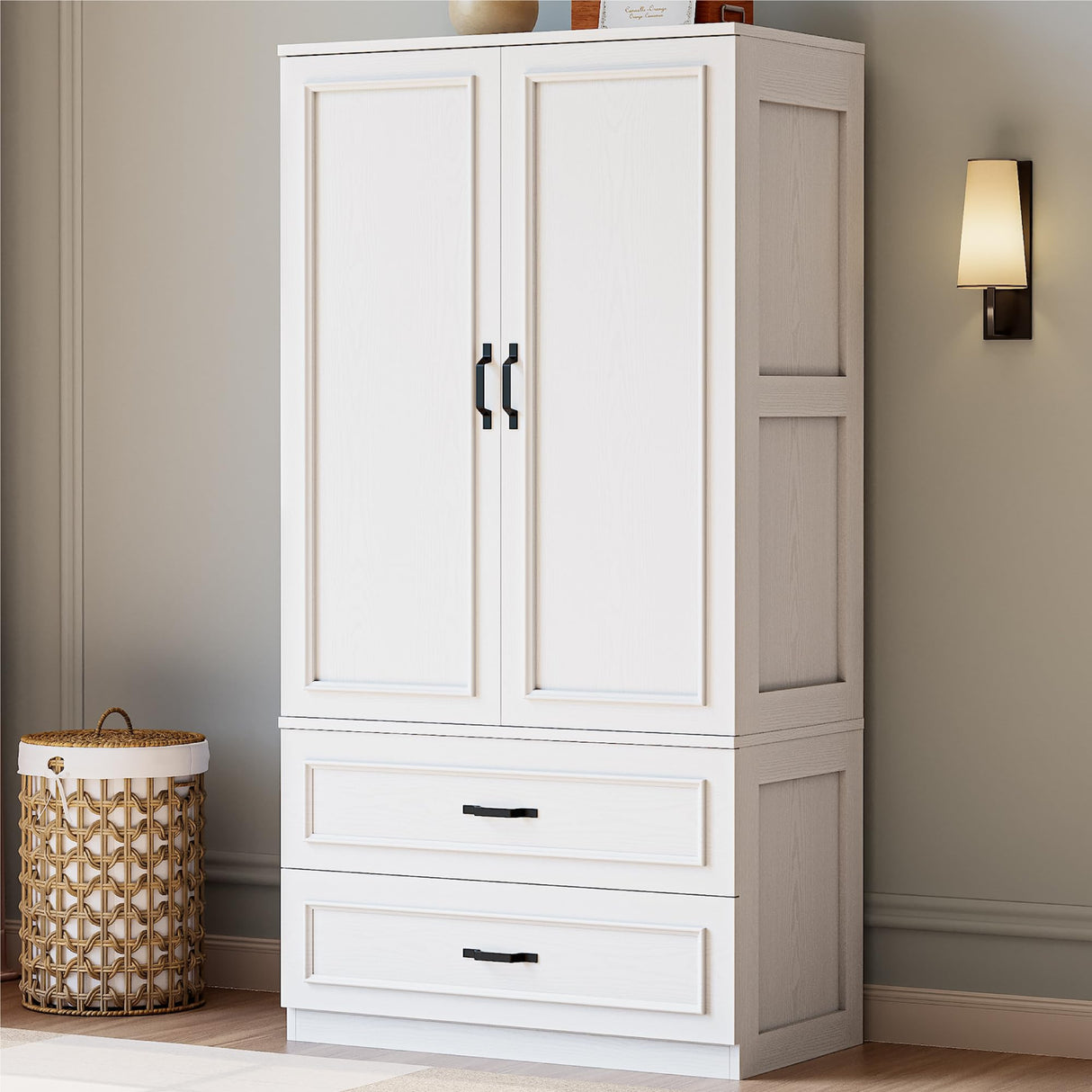 LIKIMIO Armoire Wardrobe Closet with 2 Doors and 2 Drawers 70" H x 36" W Wooden Bedroom Freestanding Wardrobe Combination for Hanging Clothes, White LIKIMIO