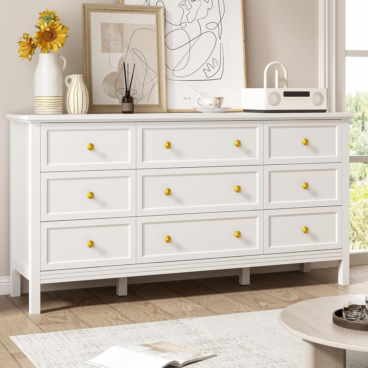 LYNSOM 59" White Dresser for Bedroom, 9 Drawer Wood Dresser with Gold Handles, Wide Large Dressers & Chests of Storage Drawers for Hallyway, Entryway LYNSOM