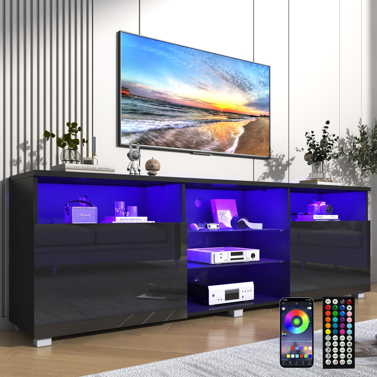Vinctik 6&Fox Modern LED 70 inch TV Stand for 75/80 inch TV,High Glossy TV Entertainment Center with Storage Drawer,TV Stands for Living Room,APP RGB Light,Smart Modern TV Cabinet(71in Black) Vinctik 6&Fox