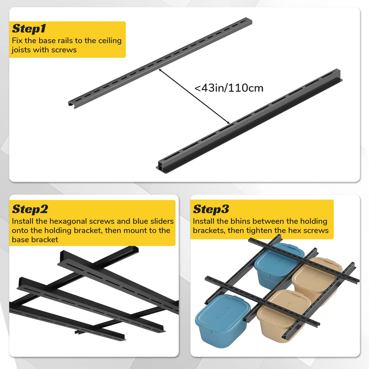 RDUIGT Garage Ceiling Bin Storage Racks,Overhead Garage Tote Storage Rack 48"x48",Heavy Duty Ceilin Tote Storage Rails Adjustable Garages Hanging Storage Racks System for Containers, Bins RDUIGT