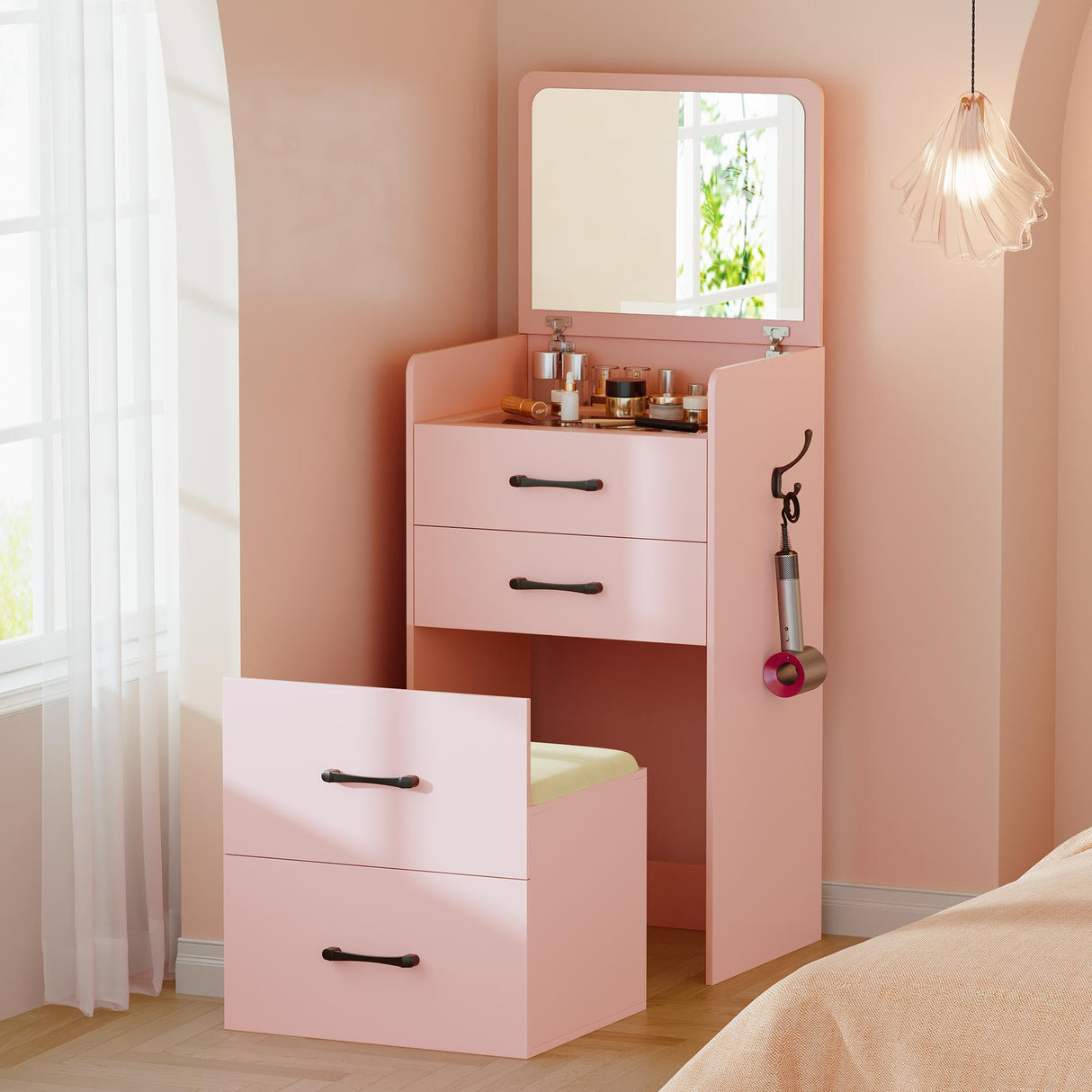 Gurexl 3 in 1 Pink Vanity Desk with Plip Top Mirror,Small Make Up Vanity Set with Visible Glass Desktop,Compact Makeup Vanity with 3 Drawers,Cushioned Tool,Dressing Table for Bedroom Gurexl