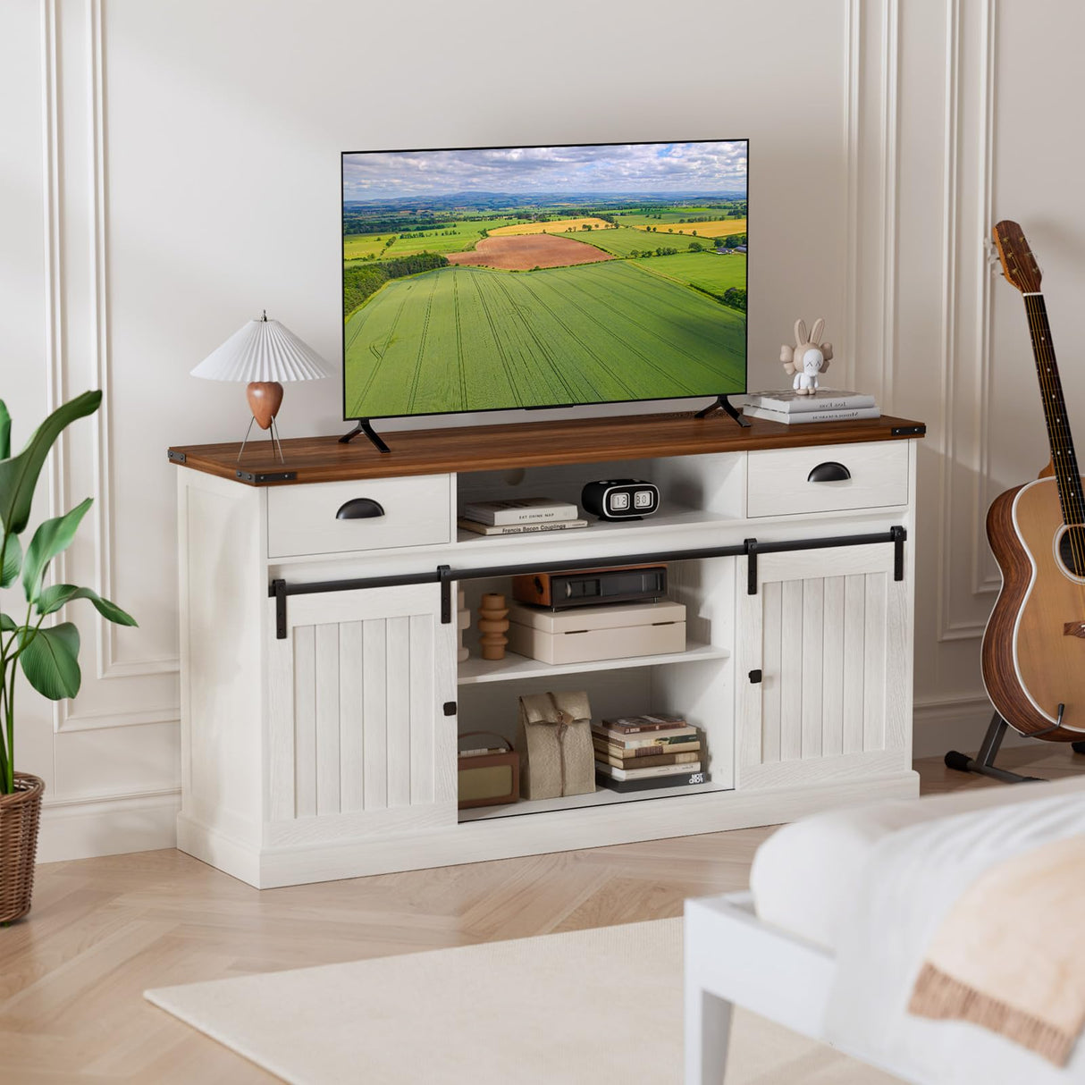 AntsandAnts Farmhouse TV Stand with Sliding Barn Doors & 2 Drawers - Entertainment Center for 65 inch TV, Rustic TV Console with Storage, Living Room TV Cabinet for 65" Television, White AntsandAnts