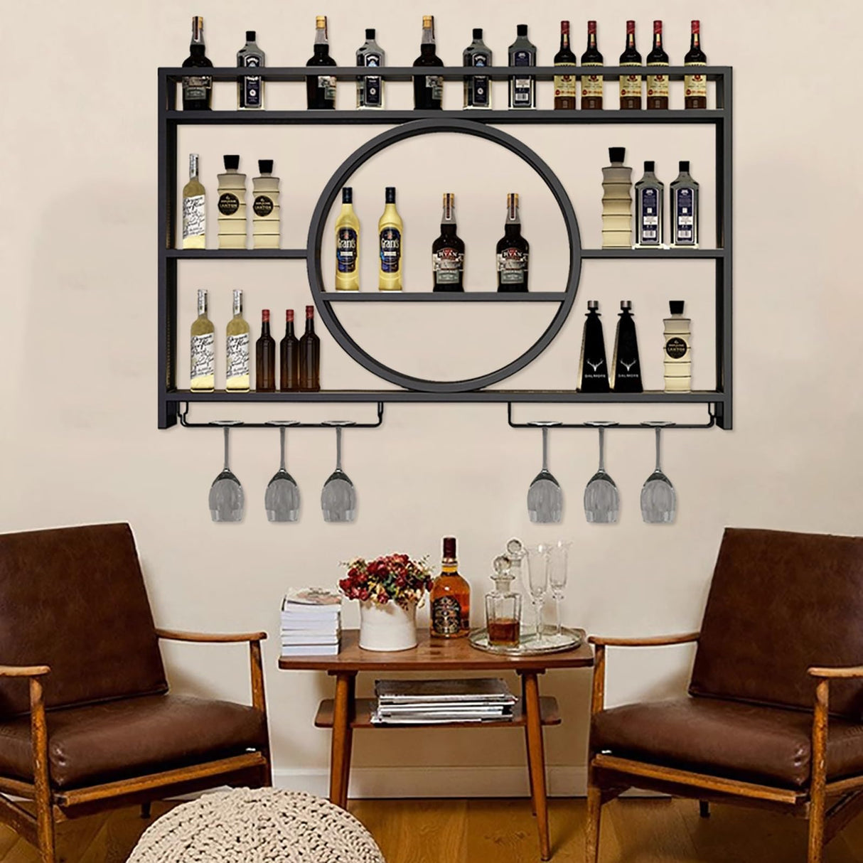 AKOGG Wine Rack Wall Mounted With LED Light & Wine Glass Holder,Iron Bar Liquor Shelf,Floating Wall Wine Shelves,Liquor Bottle Display Shelf,Wine Glass Storage Racks,For Kitchen Wine Cellar,Gold/Black AKOGG