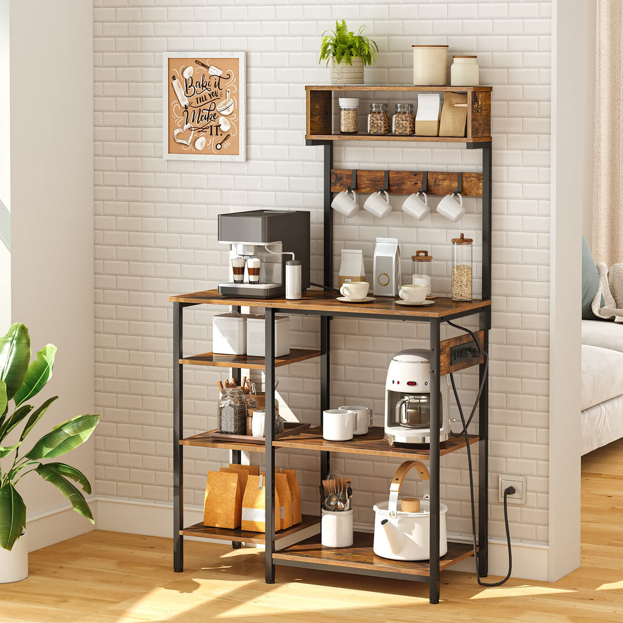 HOOBRO Bakers Rack with Power Outlet, 35.4 Inches Microwave Stand with 4 Hooks, 6 Tiers Kitchen Storage Shelf Rack, Coffee Bar Table, Rustic Brown and Black BF10UHB01 HOOBRO