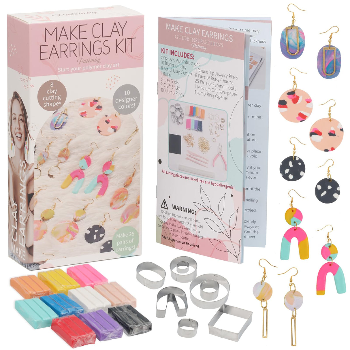 Patemby 184PCS Polymer Clay Earring Making Kit for Art Crafts Gifts Teen Girls and Adults, Ages 12+ DIY Polymer Clay Earring Jewelry Craft Making Gift Set Patemby