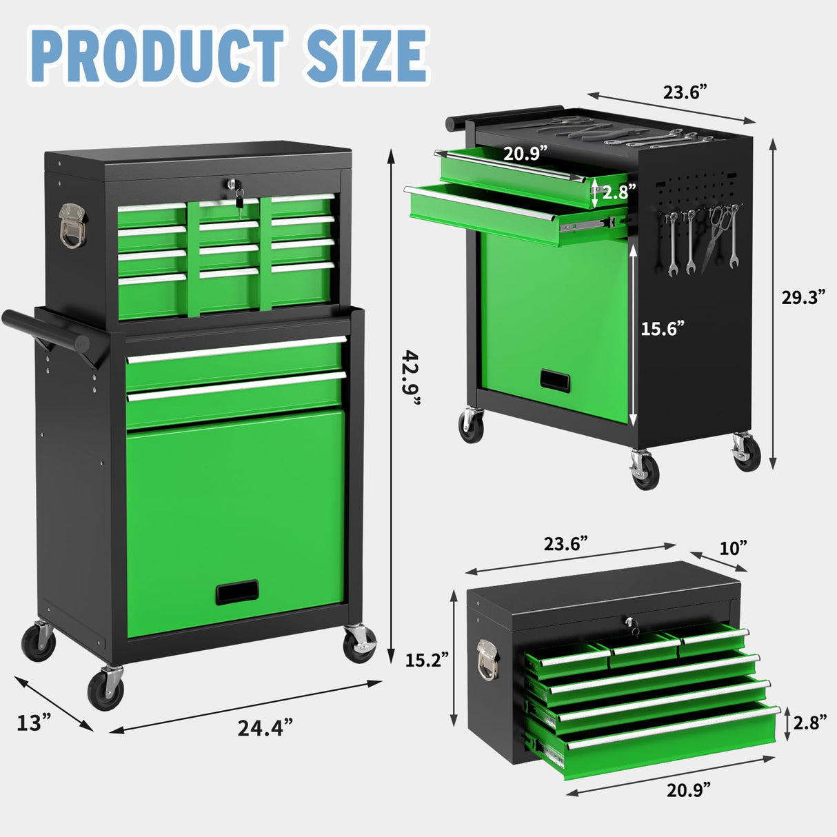 Granper 8 Drawer High Capacity Rolling Tool Chest, Metal Tool Box with Wheels and Drawers, Detachable Toolbox with Lock, Heavy Duty Tool Cabinet for Workshop, Warehouse and Garage (Black Green) Granper