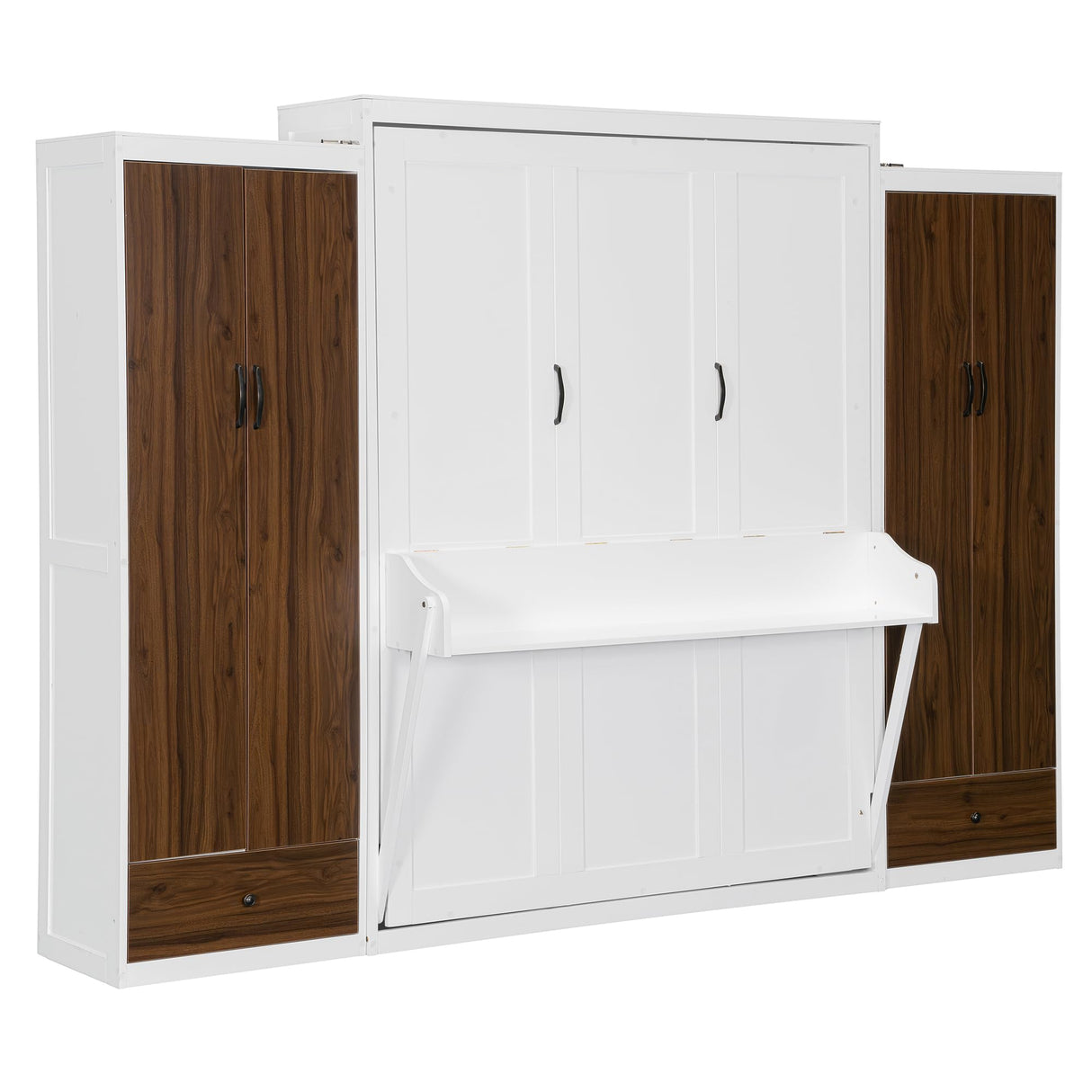 Flieks Queen Size Murphy Bed, Wooden Queen Wall Bed with Closet, Drawers and Desk, White Flieks