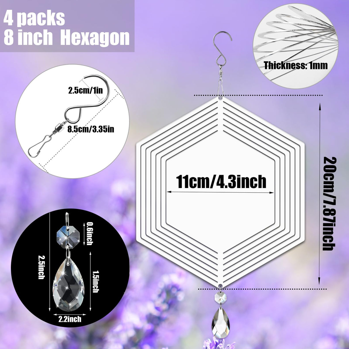 4Pack 8inch Sublimation Wind Spinner Blanks 3D Aluminum Metal Wind Sculpture Kinetic Spinners for Yard and Garden Indoor Art Ornaments Hanging Decoration (Hexagon) WindMage